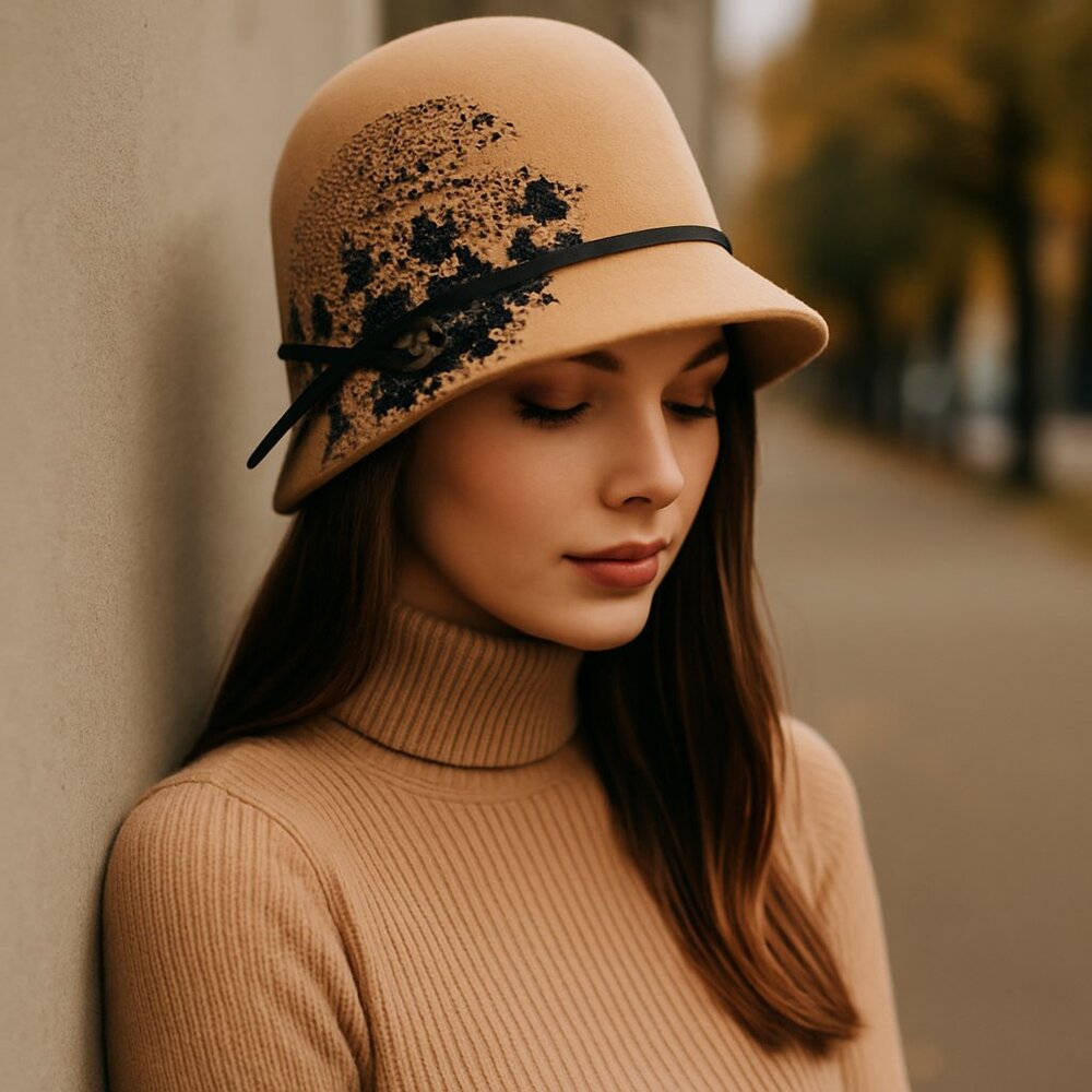 Tan Wool Felt Cloche Hat with Black Houndstooth & Bow | Vintage-Inspired 1920s